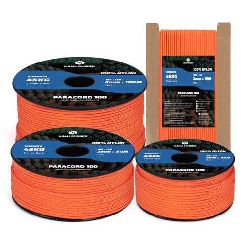 Kamu Synber 2mm Paracord 30M 100% Nylon Corda Paracadute 1 Fili Tipo I per Sopravvivenza, Esterno, DIY | Supporto 45kg | Arancione