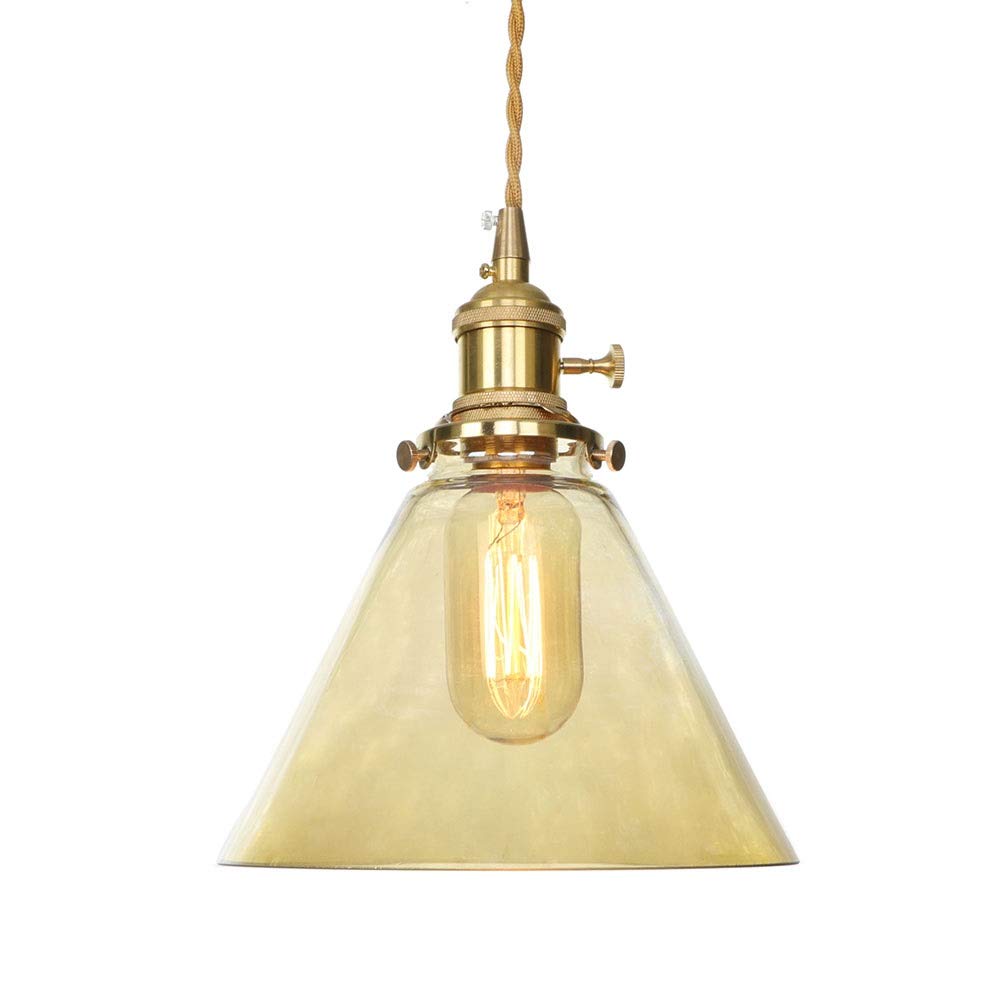 Lot de 2 Luminaires Suspendus | Abat-Jour En Verre Entonnoir | Finition Laiton | Suspensions À Base Moyenne | E27 Max. 60 Watts | Ampoules Non Incluses Durable (Col/Ambre