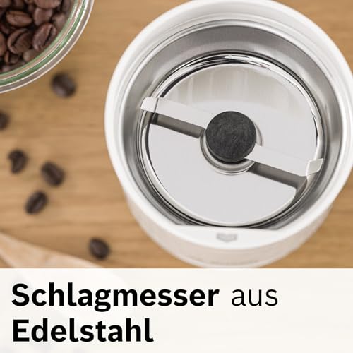 Foto von Bosch Kaffeemühle TSM6A011W, Edelstahl-Schlagmesser, Sicherheitsfunktion, 180 W, 75g Bohnenbehälter, elektrisch, weiß