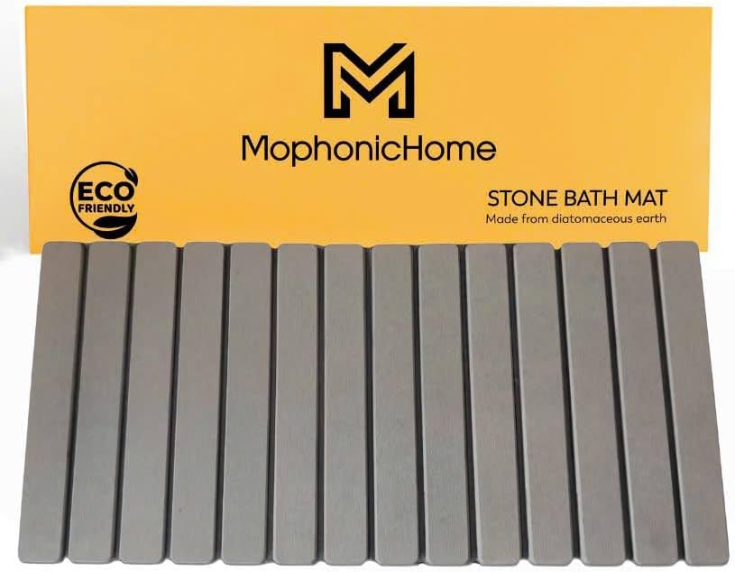 MophonicHome Extra Long Foldable Stone Bath Mat 32 x 15 - Diatomaceous Earth Shower Mat, Non-Slip Quick-Dry Stone Bath Mats for Bathroom, Super Absorbent, Compact Design, Easy to Clean, Dark Gray
