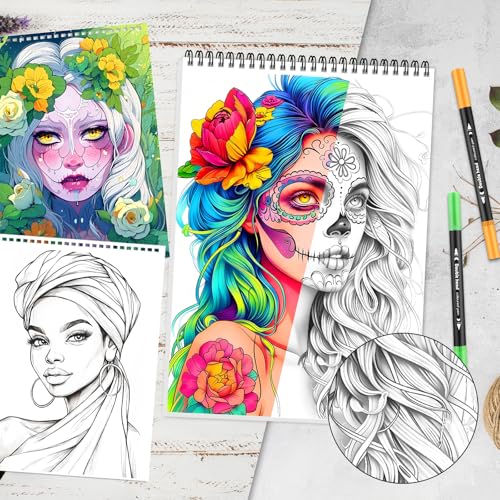 Image of 3Pcs Coloring Book for Women Relaxation, 72 Patterns Spiral Bound Mindfulness Coloring Books for Adult with 36 Dual-tip Markers, Dual Markers Brush Pens Stocking Stuffers Anxiety Relief Gifts-Portrait