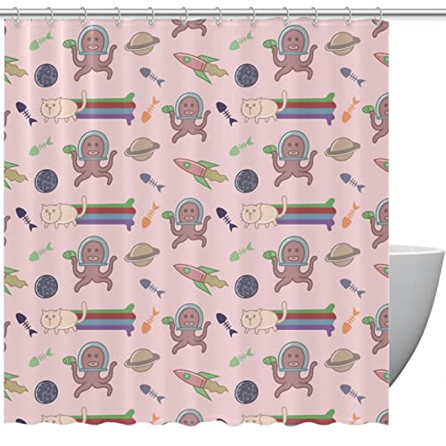 Rideau de douche chat et alien sans couture grand format 167x182 cm - 2