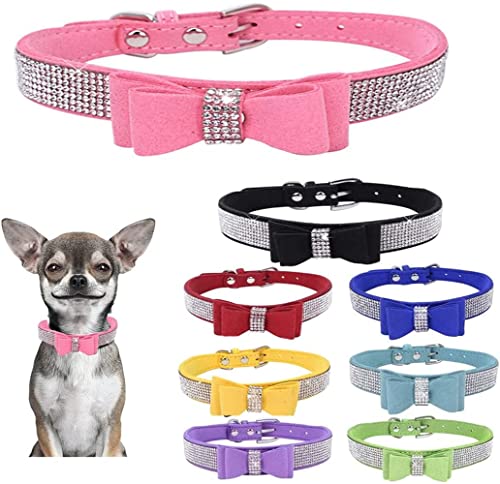 Strass-Hundehalsband, Fliege, niedliches glitzerndes Leder, Katzenhalsband, Kristalldiamanten, klein, mittel, groß, Welpen, Kätzchen, Rosa, XS