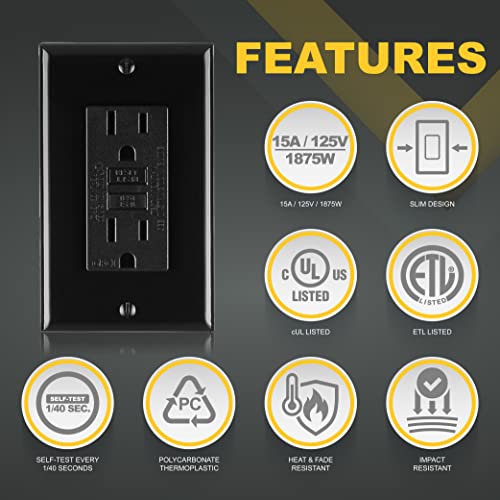 Faith [10-Pack] 15A Gfci Outlets, Non-Tamper-Resistant Gfi Duplex Receptacles With Led Indicator, Self-Test Ground Fault Circuit Interrupter With Wall Plate, Etl Listed, Black, 10 Piece #TOP2