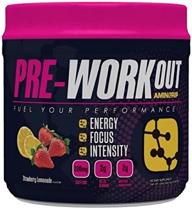 Aminorip Pre-Workout Powder Energy Drink w/ 200mg of Caffeine, 2:1:1 BCAA Blend, L-Carnitine, Beta Alanine, Bioperine, Creatine Monohydrate, Strawberry Lemonade Flavor, 30 Servings per Container.