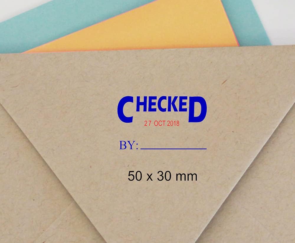 Shiny Date Stamp Self Inking with Checked by Text Ofiice Stationery Rubber Stamper S-827D, Blue With Red Date, 50mm x 30mm