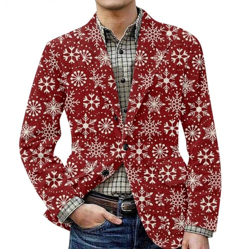 ZEFOTIM Christmas Blazer Men Christmas Suit Jacket Corduroy with Pockets Santa Xmas Tuxedo Dinner Ugly One Button Corduroy Jacket Men Deep Red XXL