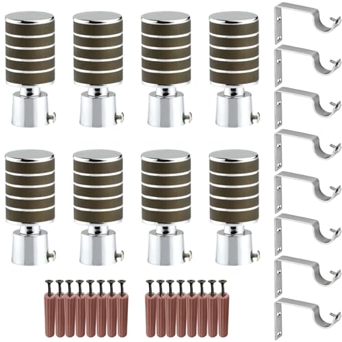 Image of GRIVAN Stainless Steel Wooden Finish Curtain Bracket Parda Holder with Support 1 Inch Rod Pocket Finials Designer Door and Window Rod Support Fittings & Curtain Rod Holder (Wooden Finish, Pair of 4)