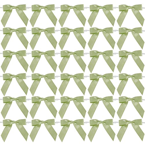 AIMUDI Sage Green Satin Ribbon Bows 2.5" Pretied Twist Tie Bows for Treat Bags Cake Pop Gift Wrapping Basket Cookie Candy Bagging Party Favors- 50 Counts