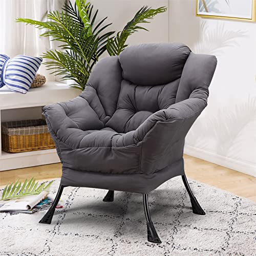 Socialcomfy Modern Velvet Fabric Lazy Chair - Comfy Upholstered Single Reclining Armchair - Soft Accent Contemporary Lounge Chair With Armrests, Side Pocket For Living Room, Bedroom, Office (Grey) #TOP5