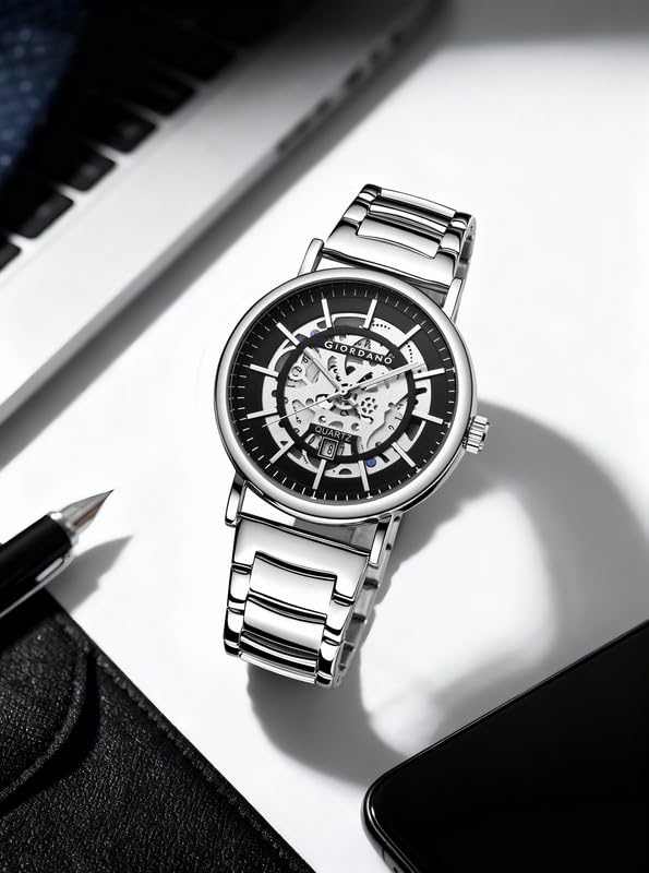 Image of Giordano Analog Quartz Watch for Men with Skeleton Round Dial, Date Function, Luminous Hands and Markers, Leather & Stainless Steel Strap - GZ-50182