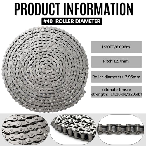 Image of Tandefio #40 20 ft Roller Chain for Gate Openers Carbon Steel Operator Chain with 2 Connecting Links for Extension Replacement Electric Automatic Sliding Gate Opener Garage Hanger Door Karts Bike