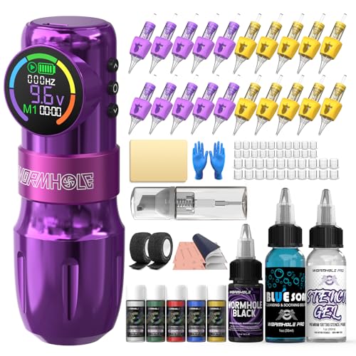 Wormhole Tattoo Gun Kit Wireless Tattoo Kit Tattoo Machine with Digital LED Display, 1,500 mAh Capacity Battery, Normal/Jump-Start/Dot Working Mode, 20Pcs Tattoo Needles Tattoo Pen Kit-Purple