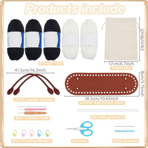 Image of ORIGACH DIY Crochet Handbag Kit for Beginners, Black Striped Tote Bag with PU Leather Band and Base, Complete Crochet Set to Make a Bag, Include Yarn, Hooks, Markers and Instruction