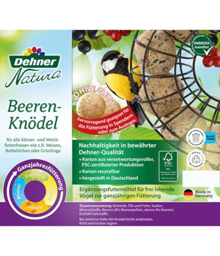 Dehner Natura Premium Meisenknödel ohne Netz, Beerenknödel, ganzjähriges Wildvogelfutter proteinreich / energiereich, im Eimer, 100 Stück je 90 g (9 kg)