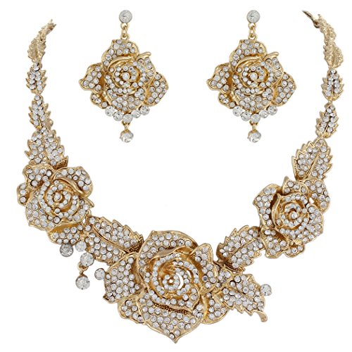 EVER FAITH Austrian Crystal Rose Flower Leaf Cluster Necklace Earrings Set Clear Gold-Tone