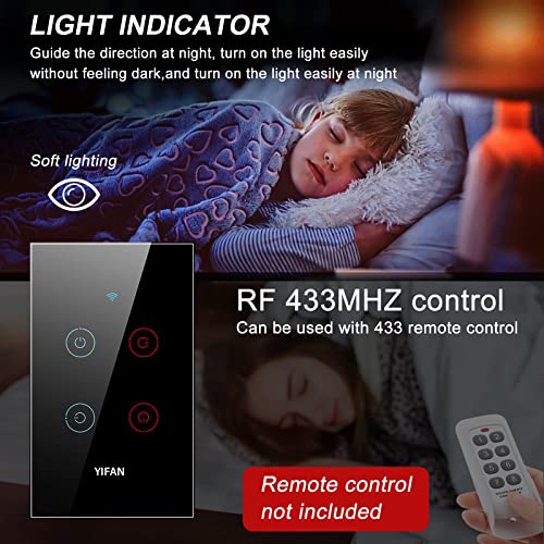 Yifan Wifi Smart Touch Wall Switch, Tempered Glass Panel Touch Light Switch, Work With Smart Life/Tuya App, Rf433 Remote Control, No Neutral Wire, Compatible With Alexa And Google Home Black 4 Gang #TOP5
