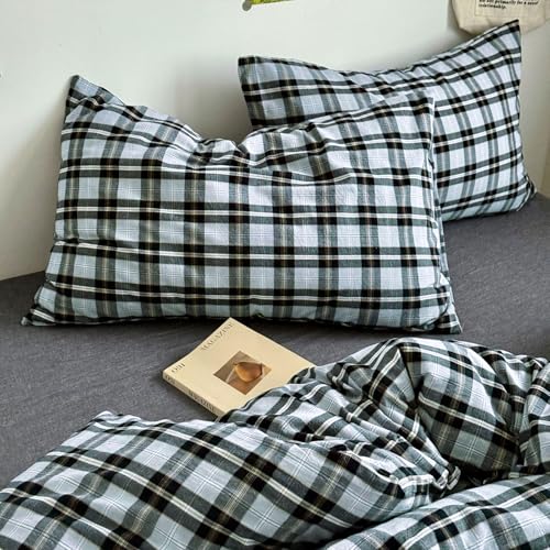 Image of EAVD Vintage Light Blue Grey Buffalo Plaid Duvet Cover Full Soft Washed Cotton Gingham Bedding Set with Grid Checkered Pattern Farmhouse Geometric Duvet Cover with 2 Pillowcases for Boys Men Women