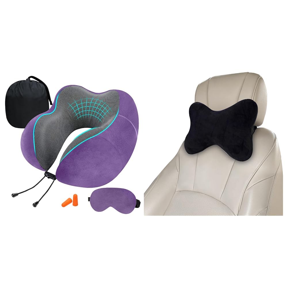 Premium Memory Foam Luxury Travel Neck Rest Pillow with Super Soft Removable Cover, + Car Neck Rest Pillow for Head Rest Super Soft Fiber Neck Support for Car Seat, Office Chair, Car-image-39