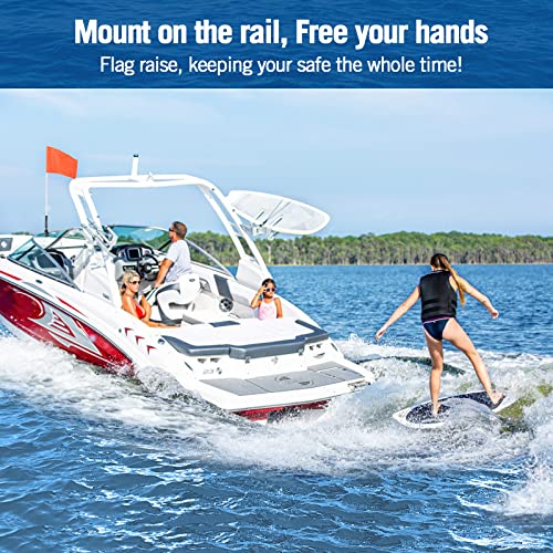 Image of Affordura Orange Boat Flag Holder 30 Inch Water Ski Flag for 0.5-1.33 Inch Round and Pontoon Square Rails Boat Safety Flag Rotating Mount Skier Down Flag with Storage Bag