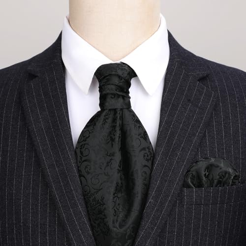 Image of HISDERN Ascot Ties for Men Paisley Floral Ascot and Pocket Square Set Classic Self Tie Mens Cravat Handkerchief for Wedding
