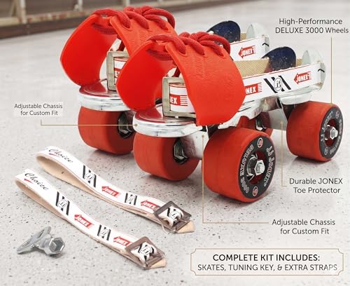 Image of Jonex Unisex Deluxe Adjustable Quad Roller Skates for Junior Kids (3-6 Years), Indoor Outdoor Wheels, Metal Body, 55 mm Wheels, Color - Red