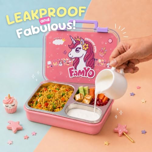 Image of Famyo Stainless Steel Lunch Box for Kids, with 3 Compartments, 800ml (Pink) | Bento Lunch Box | Leakproof Tiffin Box | BPA-Free & Food Safe, Ideal for Meals & Snacks