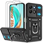 Pilaru Shockproof Case for Honor X6B Phone Military-Grade Drop Proof Dual-Layer Protective with Camera Slide Cover | Precision Hole, Built-in Kickstand & 2 Screen Protectors for Honor X6B,Black