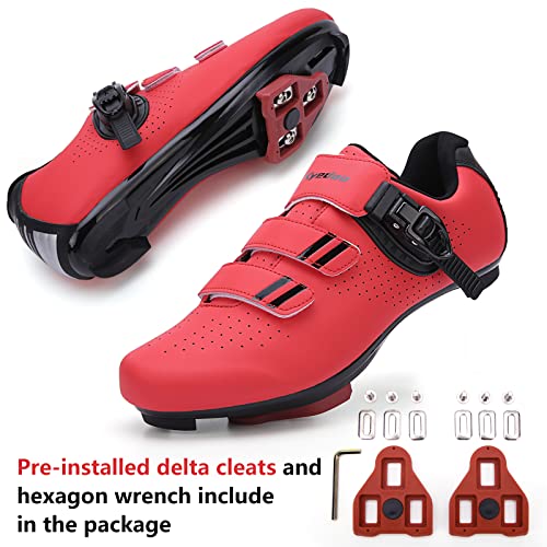 Mens Womens Cycling Shoes Compatible With Pelaton Bike Shoes Road Bike Shoes Riding Bicycle Pre-Installed With Delta Cleats Clip Indoor Outdoor Pedal Size 9 Red #TOP1