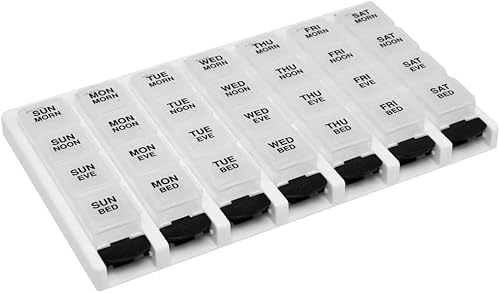 Remind N' Time Organizador semanal de pastillas (7 días), caja de vitaminas y medicamentos, 2XL compartimentos con botón, 4 veces al día, tapas