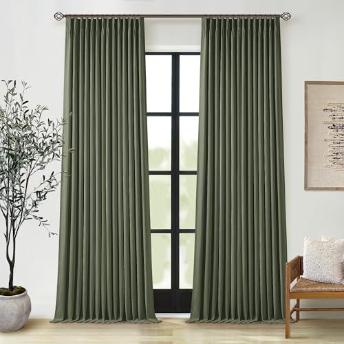 Olive Green Pinch Pleated 100% Blackout Linen Bedroom Curtains 96