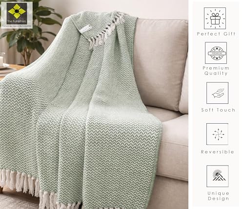 Image of Chevron 78x60 Inch Reversible Cotton Throw Blanket with Tassels| Blanket for Living Room, Sofa, Bed, Chair, Picnic & Used for Gift | Green Narrow Chevron, Size - 200x150 Cm