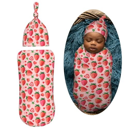 Image of Strawberries and Red Hearts Newborn Swaddle Blankets Hat Sets Soft Baby Receiving Blanket Swaddle Sack for Baby Shower Infant Boy Girl Gift