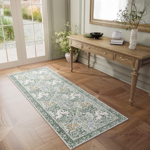 Image of Botanical Floral Washable Runners for Hallways Area Rug 2x6 Light Green Cream Vintage Garden Design, Perfect for Carpet for Kitchen Bedroom Bathroom Laundry Room