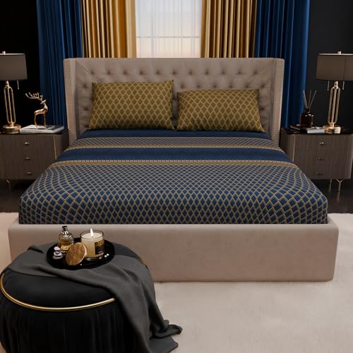 Image of Stoa Paris 100% Bamboo Cotton King Size Fitted Bedsheet with 2 Pillow Covers, 200TC Printed Bed Set, Breathable, All-Season Comfort, Home Decor, Imperial Grandeur - Indigo Arcadia (182cmx198cm+30cm)