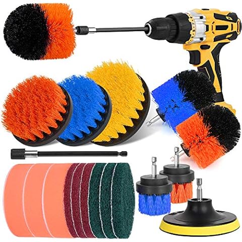 Drill Brush Attachment Set-19 Piece Power Scrubber Cleaning Kit for Kitchen and Bathroom Surfaces Tub, Grout, Tile, Sink, Carpet, Wheel, Corner and Boat Cover