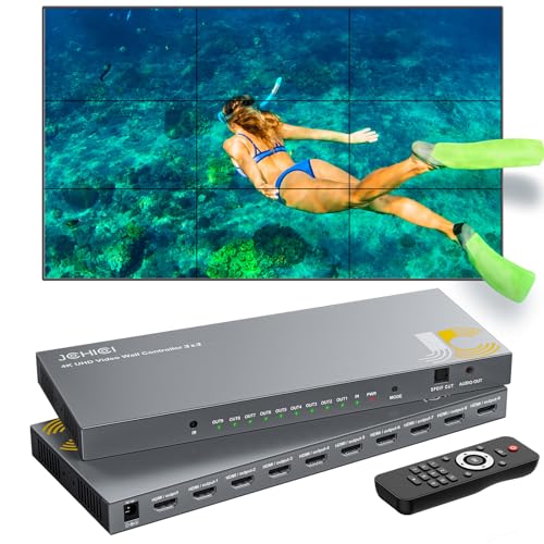 Image of Video Wall Controller 3x3,JCHICI TV Wall Processor,4K x 2K HD Display,180 Degree Rotate,10 Splicing Modes,Input 4K and Output 1080P, Streaming Media Video Device