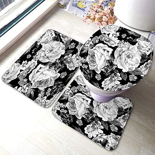 Badezimmerteppich-Set, 3-teilig, Aquarell, Blumen, Monochrom, Vintage, waschbare Badeteppiche, rutschfest, mit Rückenpolster, Konturteppich und Toilettendeckelbezug