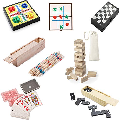 Preisvergleich Produktbild Partituki Pack Classic Brettspiele Enthält: Parcheesi, Dame, Domino, Pokerdeck, Mikado, Jenga Wooden Tower Game und 3 in Einer Reihe