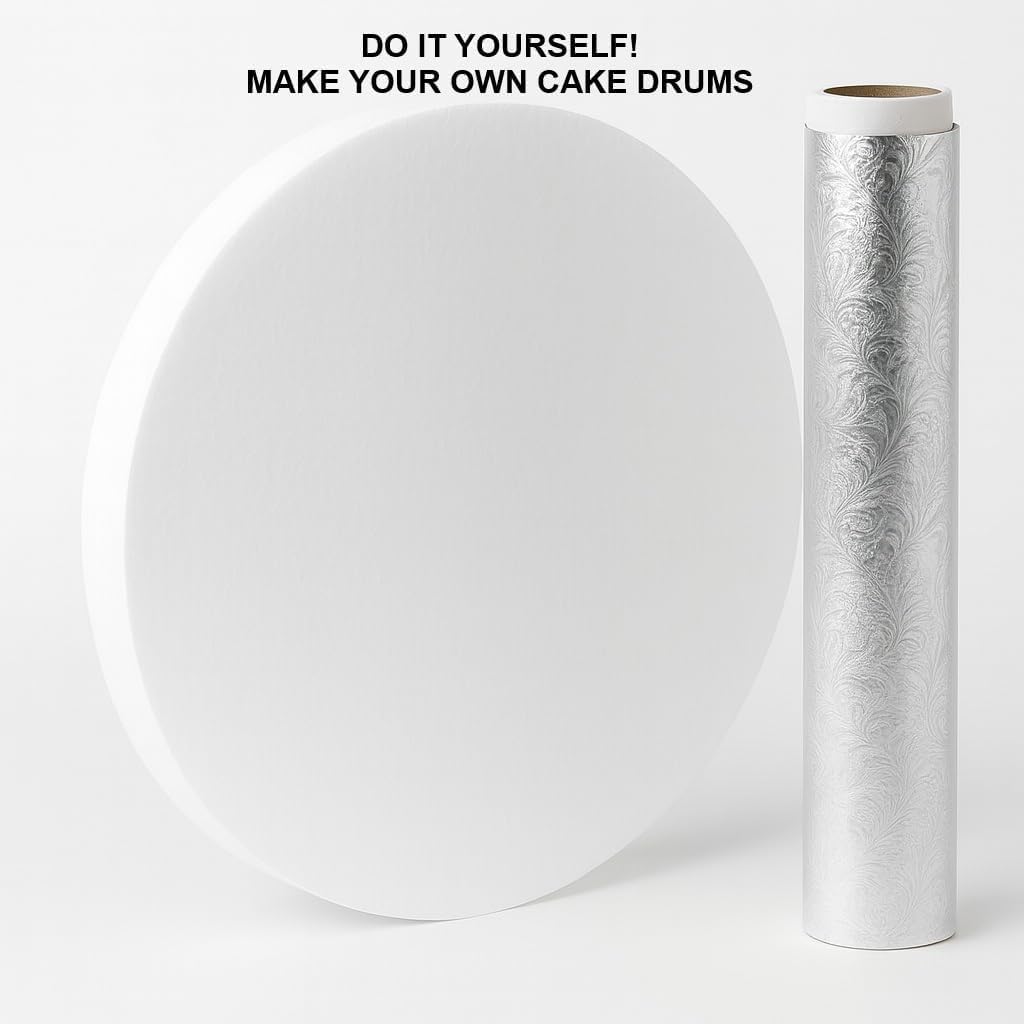 Oasis Supply DIY Cake Drum Kit – EPS Foam Boards with Embossed foil roll. Create Sturdy Round Cake Bases and Custom Cake Drums. Includes 18 Boards (12" Round, 1" Thick) and one Silver Foil Roll.