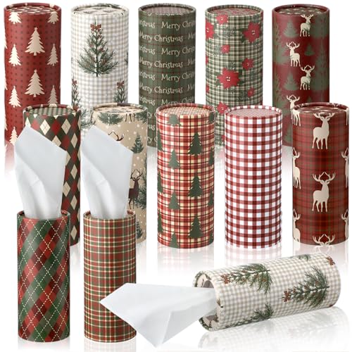 Layhit 12 Pcs Christmas Car Tissues Box Round Tube Tissues Box with Facial Tissue Car Tissue Holder Xmas Travel Cylinder Tissue Holder for Car Cup Holder Party, 12 Design(Buffalo Plaid Reindeer)
