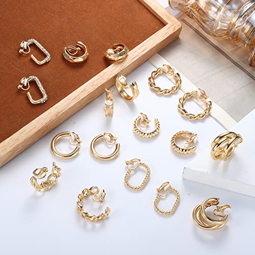 Fasacco 9Pairs Gold Clip On Hoop Earrings For Women Retro Clip On Earrings Twist Triple Cz Square Chunky Hoop Earrings Geometry Clip Earrings No Piercing Fake Earrings #TOP5