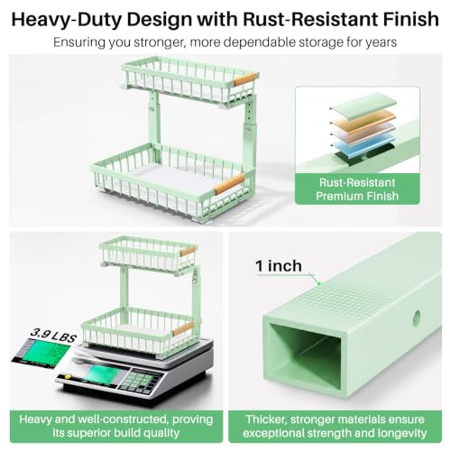 Image of Kitstorack Under Sink Organizer, 2 Tier Under the Sink Storage, Slide out Pull out Cabinet Organizer Shelf, Metal Sliding Drawer for Kitchen Bathroom Pantry Closet Organization Rack, Green, 2 Pack