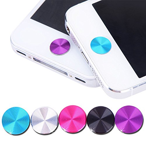 Mini Kitty Spiral Metal Home Buttons Stickers for Apple iPhone Bundle with Microfiber Cloth, Pack of 5 (Silver / Blue / Pink / Black / Purple)