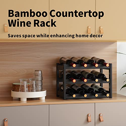 Vasmia Bamboo Wine Rack, Sturdy And Durable Wine Storage Cabinet Shelf, Wine Racks Countertop For Pantry,Kitchen,3-Tier 12 Bottles Wine Rack Black #TOP3