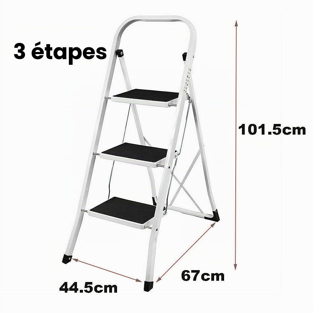 Escabeau Pliable en Acier 3 Marches Portable et Léger Charge Max 150KG Pour Ménage, Bureau, Peinture et Décoratif