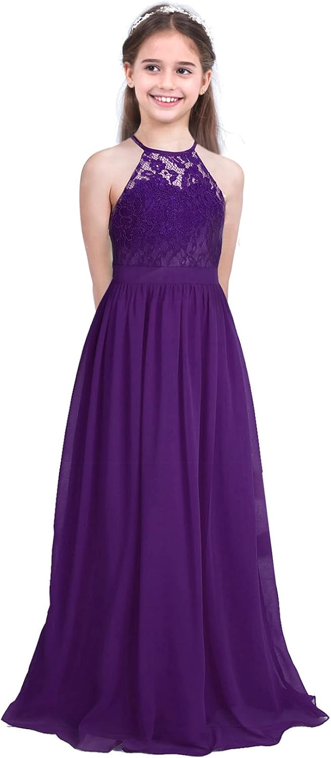 Teens Junior Halter Neck Lace Chiffon Flower Girl Dress Bridesmaid Wedding Prom Party Maxi Gown
