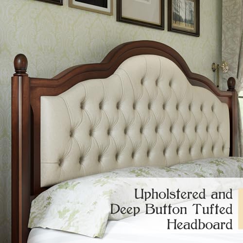 image for VanAcc Solid Wood Queen Bed Frame, Platform Bed with Upholstered Headb