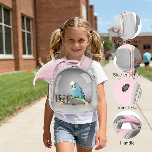 Image of Small Bird Travel Backpack Carrier Cage with Cups, Backpack to Transport Backpack Carrier with Clamp Cups Stand Perch for Parakeet Cockatiel Budgies Vet Carry Book Bag Pink