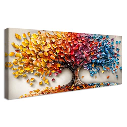 Albero della vita colorato Stampa su tela Con Cornice Albero Astratto Rosso Giallo Blu Pittura Quadri su tela Quadri Moderni Foto su Tela Stampe da Parete Soggiorno Camera da Letto 50x120cm